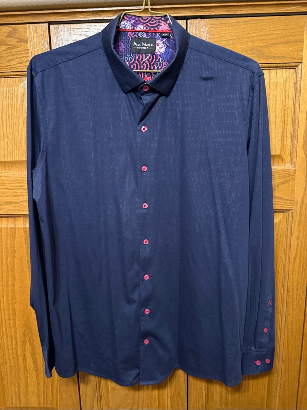 Au Noir Navy Dress Shirt with Pink Accent Buttons and Printed Collar and Cuffs